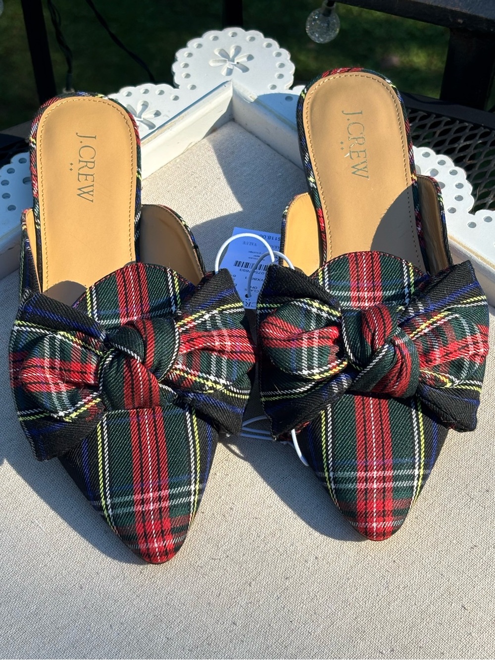 J.Crew Holiday Plaid Mules New With Tags Fabric Front With Bow. Size 6